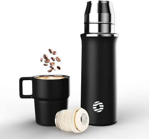 Healter Thermoskanne mit Becher 600ml Thermosflasche Kaffee Auslaufsicher Thermobecher Getränke 12h Warm/24h Kalt BPA-Frei Edelstahl Isolierflasche für Outdoor Camping(Schwarz)