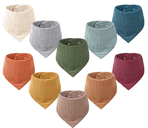 Konssy Cotton Baby Bandana Bibs, 10 Pack - For Boys & Girls, Teething and Drooling