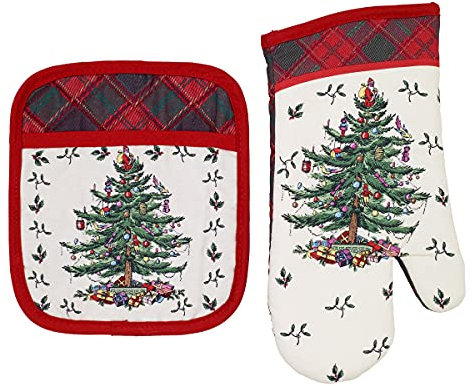 Spode - 2pc Kitchen Set, Oven Mitt & Pot Holder, Holiday Home Decor Christmas Tree Tartan Collection