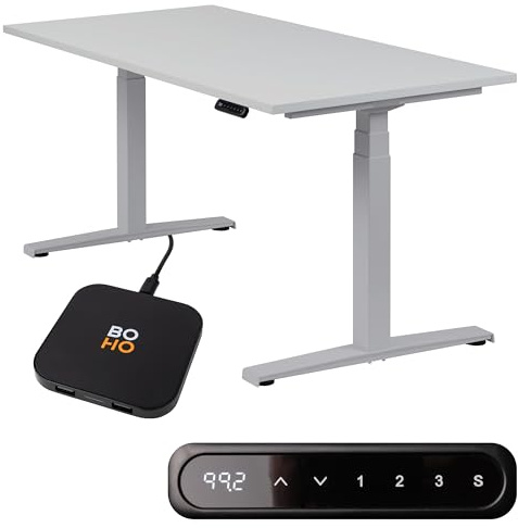 boho office® Höhenverstellbarer Schreibtisch 120 x 80 cm - Elektrisch stufenlos, inkl. Wireless Charger, Memoryfunktion, Kollisionsschutz - Basic Line Silber inkl. Tischplatte in Lichtgrau