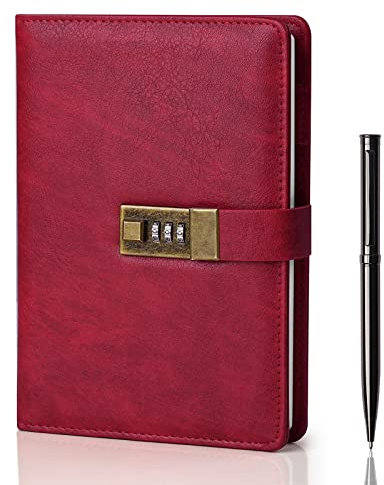 WEMATE Diary with Lock, A5 PU Leather Journal with Lock 240 Pages, Vintage Lock Journal Password Protected Notebook with Pen & Gift Box, Lock Diary Planner Organizer for Men and Women, 8.6x5.8in Red