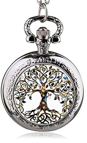 WRVCSS Argent Acier Inoxydable Arbre de Vie chaîne Montre de Poche Collier Dames Pendentif chaîne