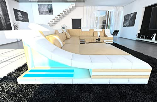 Wohnlandschaft Turino XXL Sofa in Leder - mit LED Beleuchtung, verstellbare Kopfstützen, Recamiere/Lederfarben wählbar/Ausrichtung wählbar (Ottomane Links, Sandbeige-Weiß)