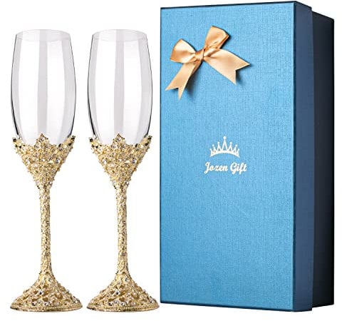 Jozen Gift Gold Champagnerflöten Set mit 2 Kristallgläsern Metallsockel mit Kristallsteinen, Set mit 2 Toastflötenpaar, Hochzeitstag, Party, Geburtstag, Geschenke für Braut und Bräutigam, 7 Unzen