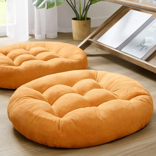 Floor Cushion Pillow Set of 2, Round Large Pillows Seating for Adults, Tufted Corduroy Cushions for Living Room Tatami, Orange Yellow, 22 Inch