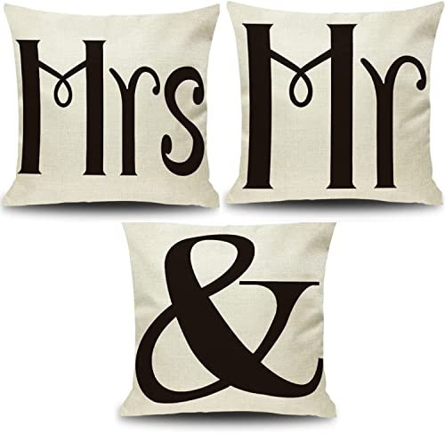 Mr & Mrs 3er Set Kissenbezüge Kissenbezug Zierkissenbezug Dekokissen Sofakissen Kissenüberwurf mit Reißverschluss für Couch Schlafzimmer Haus Hochzeit Deko,45 x 45 cmMR+&+MRS