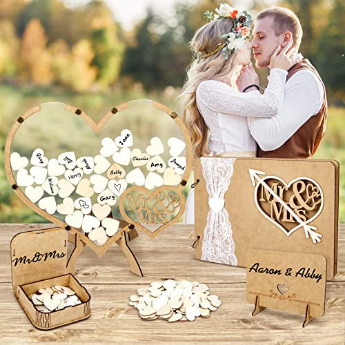 LOHAME 4tlg Gästebuch Hochzeit Holz Herzrahmen Herz Hochzeitsbuch Holzherz Hochzeitsdeko Set Hochzeitsgästebuch mit 110 x Holzherzen Mr & Mrs Gästebuch 20 Blatt für Hochzeitstag Brautpaar Geschenk