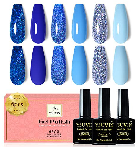 YSUVIN Vernis Semi Permanent Bleu, 6 Couleurs D'été Fantaisie Bleu Série Diamant Brillant Militaire Azure Tibetan Soak Off UV Vernis À Ongles Pour Bord Mer/Vacances/Tourisme/Saison Scolaire