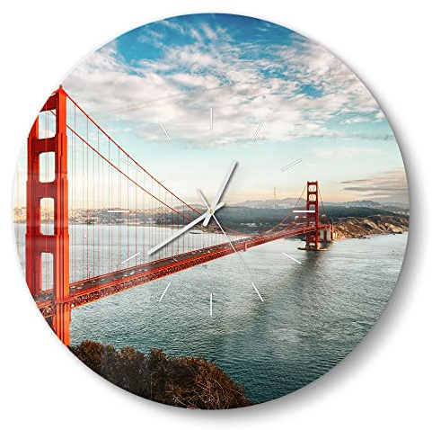 DEQORI Glasuhr | rund Ø 50 cm | Motiv Golden Gate Bridge | große XXL Design Uhr aus Glas | leise Wanduhr für Wohnzimmer & Küche | moderne Hingucker Uhr für die Wand