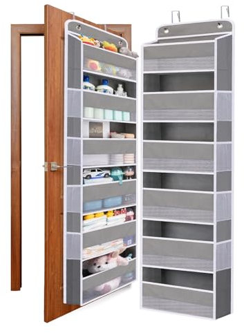 WishJazz Over Door Storage Hanging Organiser, 6 Large Pockets 8 Side Pockets, Anti Tilt 50 lb Back of Door Organiser with Clear Window for Bathroom, Nursery, Pantry, Baby Clothes Storage (Grey)