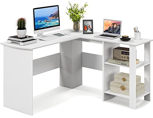 COSTWAY Schreibtisch L-Form, Eckschreibtisch mit 2 Kabellöchern & Ablagefächern, Ecktisch, Computertisch, Bürotisch für Zuhause oder Büro, 130 x 130 x 74 cm (Weiß)