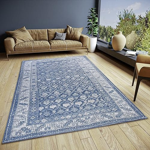 Hanse Home Curan Orient Teppich – Orientalischer Läufer klassisch gewebt mit Bordüre Vintage-Look, leicht Glänzend Flachgewebe für Schlafzimmer, Esszimmer, Wohnzimmer, Flur – Blau, 120x180cm