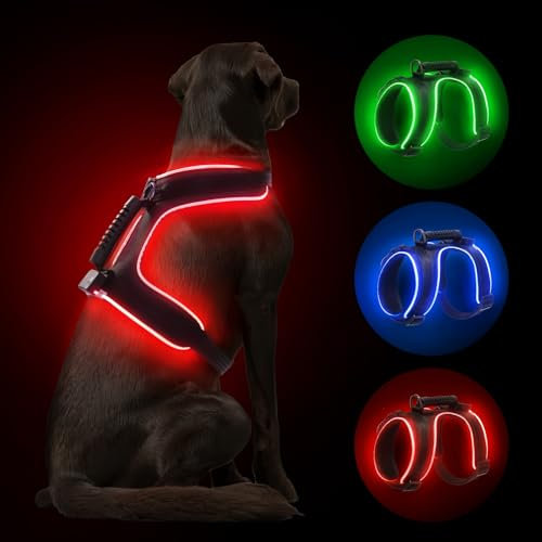 MASBRILL LED Hundegeschirr Leuchtend, Leuchtgeschirr für Hunde Aufladbar Verstellbar LED Leucht Brustgeschirr mit Griff für Klein Mittelgroße Grosse Hund Beleuchtetes Hundegeschirr(Schwarz Rot,S)