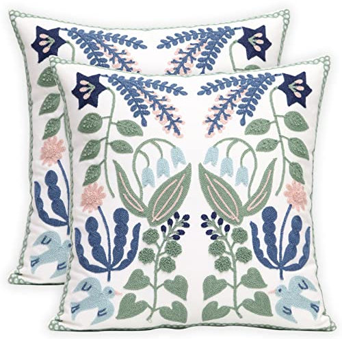 Pilmandu Set of 2 Embroidered Decorative Throw Pillow Covers 45x45cm Couch Square Pillowcases Cushion for Bedroom Sofa Farmhouse Decor (Bird Flower)