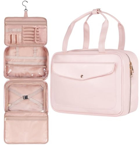 OSDUE Reise Kosmetiktasche, Kulturtasche Damen, Reise Waschtasche, wasserdichte Kulturbeutel zum Aufhängen Faltbare Waschtasche Kosmetiktasche Groß mit 360° Drehbare Haken Waschbeutel für Damen, Rosa