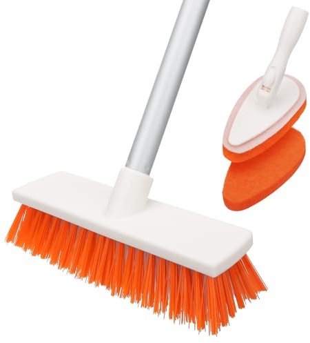 Qaestfy Shower Bathtub Scrubber & Floor Scrub Cleaning Brush with Long Handle 62.5'' Detachable Stick, 2 Bathroom Sponge and 1 Cleaner Brush for Scrubbing Toilet Floor Shower Tub Tile Sinks