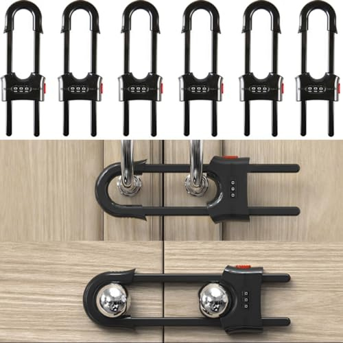 FIGEPO 6 Pack Child Proof U-Shaped Code Sliding Cabinet Door Locks Adjustable Baby Safety Plastic Cupboard Cabinet Latches Set for Knob Handle Drawers Closet Black