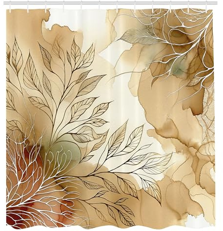 ABAKUHAUS Beige Duschvorhang, Abstrakte Monochrome Gemälde Print von Blättern Ebru ähnlicher Hintergrund, Stoffliches Gewebe Badezimmerdekorationsset mit Haken, 175 x 200 cm, Mandel Ecru Beige