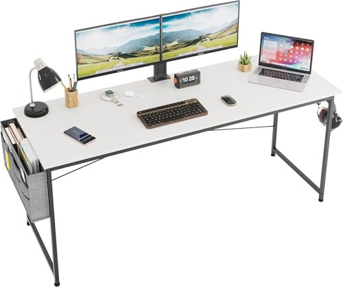 CAIYUN Computer Desk 160 x 55 cm, Home Office Desk, Simple Modern Large Desk for Bedroom, Writing Desk with Storage Bag, Study Table for Students, White