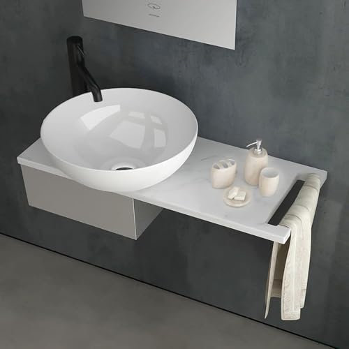 Alpenberger Waschbecken Klein Gäste WC Set | Waschtisch mit Aufsatzwaschbecken Rund | Waschschüssel auf Keramikplatte und Edelstahlkasten | Handwaschbecken | Waschplätze mit Handtuchhalter