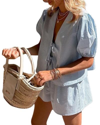 Geagodelia Damen Zweiteiler Sommer Elegant Hosenanzug Outfit 2 Teiler Lounge Set Tie Front Bluse Top + Shorts Y2k Aesthetic Clothes Loungewear Kleidung Anzug (C - Hellblau Karierte, S)