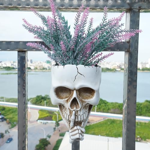 Skull Wall Planter,Skull Shaped Hanging Resin Planter Pot Home Decor Gift,Funny Design Flower Pot for Indoor Outdoor Plants,Skeleton Sculpture Decorations (White, Don't Speak)