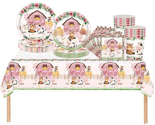69Pcs Pink Farm Animals Party Tableware Set,Farm Animal Party Decorations Plastic Table Cloth,Paper Plates,Napkins and Cups for Kids Birthday Baby Shower Farm Animal Barnyard Theme Party Supplies