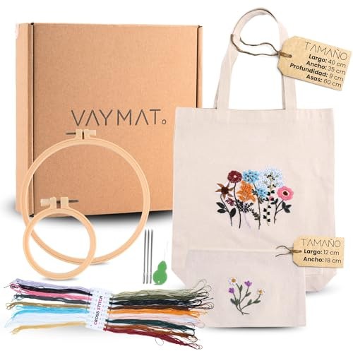 VAYMAT. - Kit de Bordado para Principiantes con Bolsa Tote y Neceser - Kit Completo para Bordar con Bastidores, Hilos, Agujas, Instrucciones Paso a Paso y Caja Regalo - DIY Bordado Floral