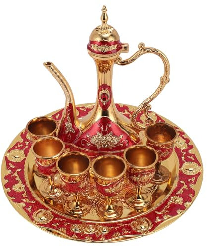 Vintage Turkish Coffee Pot and Cups Set, Metal Turkish Tea Set with 6 Coffee Cups and Tea Tray, Luxury Turkish Teapot Set, for Home, Tea Party, Housewarming, Tea Table Decor