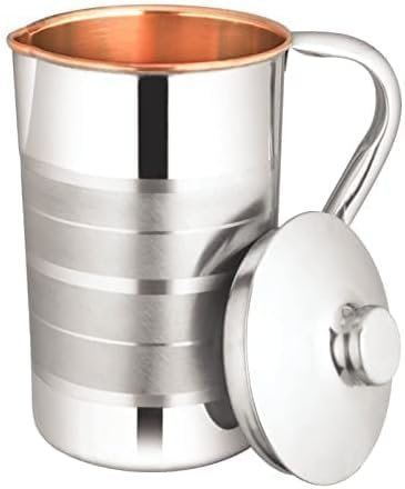 Glassique Pure Copper Pitcher with a Lid, Large Size Solid Copper, Stainless Steel Exterior Copper Water jug, Capacity 54 Oz/1600 ml, Copper Carafe For Home, Hotels & Gifting