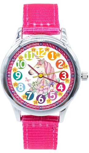 K&L Wall Art Kinderuhr Analog Mädchen Lernuhr Kinderarmbanduhr Prinzessin Armbanduhr Mädchenuhr (Einhorn, Rosa, Nylon)