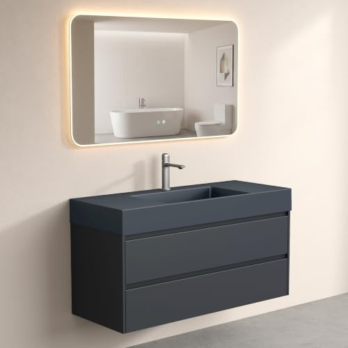 doporro Badmöbel Set mit Waschtisch Unterschrank Waschbecken LED-Badpiegel | Wandhängendes Badmöbel-Set mit Mineralguss-Waschbecken, LED-Spiegel – geräumig & stilvoll, 120x48x63cm Deep