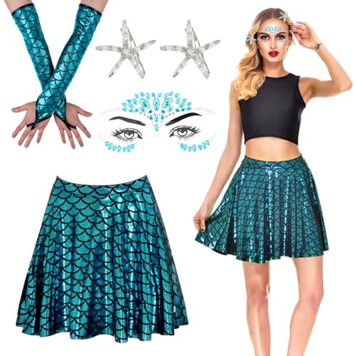 OWOAOOwl Damen Meerjungfrau Kostüm, Fischschuppen Rock + 2 Stücke Seestern Haarspange + Edelsteine Gesichtstattoo + 1 Paar Fischschuppen-Handschuhe,für Fasching Karneval Mottoparty Kostüm Accessoires