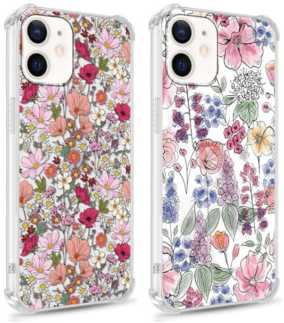 Phoona 2 packs Phone Case for iPhone 12 mini 5,4'', Flowers Floral Print with Airbag Corners Aesthetic Design Transparent Cover, Hybrid Design Hard PC Back Shockproof Protective Bumper Funda, 06