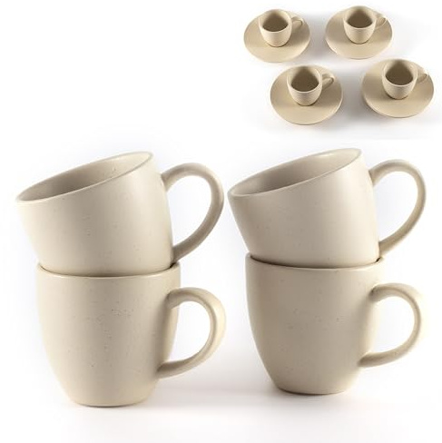 Hanseküche Juego de 4 tazas de espresso de gres de alta calidad, hechas a mano y paredes gruesas, tazas de café expreso con asuntos (beis, 75 ml)