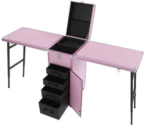 Kosmetikkoffer Trolley Faltbar Erweiterbar 2-Tisch&4-Schublade mit Teleskopgriff Zahlenschloss Schminktisch Schminkkoffer Make-Up-Koffer Kosmetik Koffer Nagelkoffer Nageltisch Friseurkoffer (Rosa)