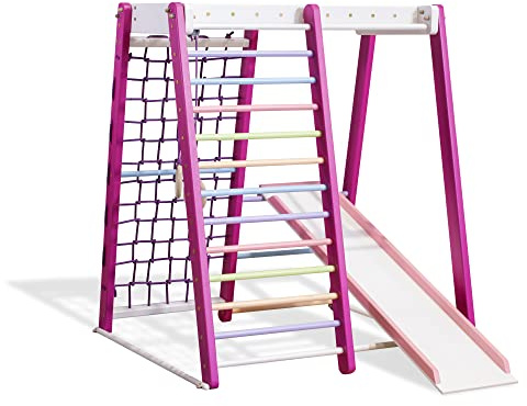 SportBaby Kinder zu Hause aus Holz Spielplatz mit Rutschbahn ˝Malček-3-Pink˝ Kletternetz Ringe Kletterwand, EU-Warenlager, Zertifikat!