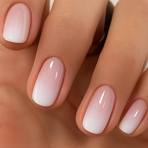 24PCS Ombre Gradient French Tip Press On Nails Short Square Shape - Elegant Glossy False Nails for Women, Strong Adhesive Jelly Tabs & ABS Material, Ideal for Wedding, Vacation & Daily Look