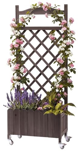 Rankgitter Pflanzkasten mit Rollen, Holz Hochbeet mit Spalier, wetterbeständiger Pflanzenkübel mit Drainagelöchern, mobiler Blumenkasten für Garten, Balkon & Terrasse, 49x28x116cm-braun