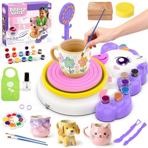 Tornio per Ceramica Bambina, Regalo Bimba 3+ Anni, DIY Pottery Wheel Kit | Fai Da Te Kit Ceramica con Argilla Autoindurente e Strumento Pittura, Giochi Lavoretti Creativi Bambini, Laboratorio Bambina