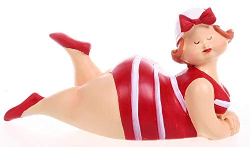 Badenixe mit Kopftuch - rot- liegend 13 cm im gestreiften Badeanzug für Tisch Kommode Schrank Mädchen Rubensfrau mollige Dame Dicke Frau Badezimmer Figur
