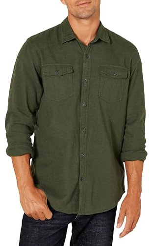 Amazon Essentials Men's Regular-Fit Long-Sleeve Two-Pocket Flannel Shirt, Olive Heather, L
