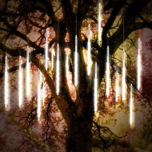 Vikdio Weihnachtsbeleuchtung Outdoor, Meteor Duschen Lichter 30cm 10 Spiralröhren 300 LEDs 3.15m Lit Länge, Wasserdichte Schneefall Lichter für Outdoor Weihnachtsdekoration Baum Fenster (Weiß)