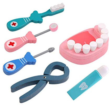 Merkts 6-teiliges Holz-Zahnarzt-Spielzeug-Set, Kinder-Simulations-Dental-Werkzeug-Spielzeug, Simulationsarzt-Spielspielzeug