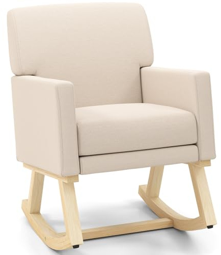 Giantex Upholstered Rocking Chair, Nursery Rocking Chair w/Widened Back, Machine-Washable Seat Cushion Cover, Solid Rubber Wood Frame, Glider Rocker Accent Chair for Living Room, Bedroom, Beige
