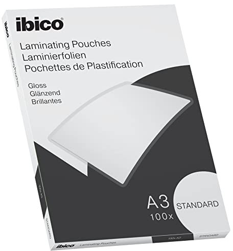 Ibico Basics Laminierfolien A3 Standard, 100 Stück, Glänzende Heißlaminierfolien, Abgerundete Ecken, Transparent, Kristallklar, Ideal für Zeichnungen und Plakate, 627313