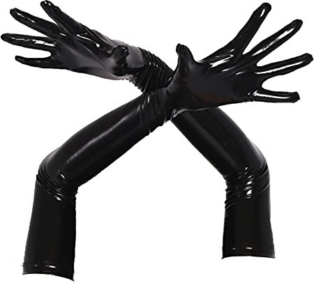 winying Damen Lange Handschuhe Glänzend Lack Leder Arm Hand Stulpen Sexy Fäustlinge Stretch Ärmel Gogo Outfits Clubwear Schwarz XXL