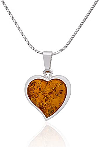 Ambedora 925 Sterling Silver with Baltic Amber Polished Silver Finish. with Nano Plating Heart Size M on 45-50 cm Chain, Jewellery Gifts for Women, Sterling Silver, Amber