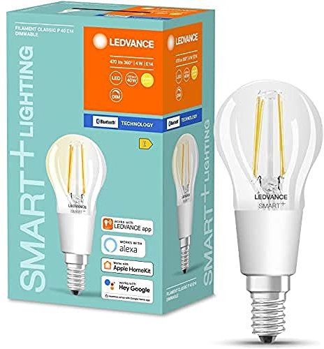 LEDVANCE Smarte LED-Lampe mit Bluetooth Mesh, Klares Filament E14 Leuchtmittel mit Tropfenform, Dimmbar, Warmweiß (2700K), ersetzt herkömmliche 40W Glühbirnen, steuerbar mit Google & Alexa, 4er-Pack