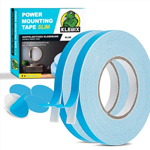 KLEBIX 2 x Doppelseitiges Klebeband Schmal - Ultra Stark - 10 m x 9 mm + 4 x Doppelseitige Klebepads Extra Stark - Weiß - Schmales Doppelseitiges Klebeband für Innen- und geschützten Außenbereich